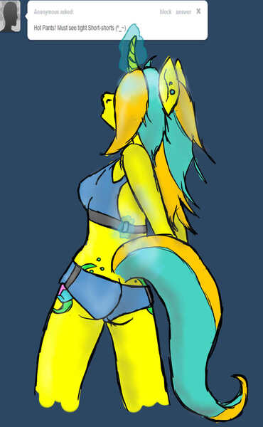 Size: 790x1280 | Tagged: safe, artist:dreamsdoodles, derpibooru import, oc, oc:dream baker, unofficial characters only, anthro, pony, unicorn, ask, ass, butt, clothes, daisy dukes, ear piercing, female, female oc, glow, glowing horn, horn, image, jpeg, piercing, rear view, shorts, simple background, solo, solo female, tanktop, tumblr, unicorn oc