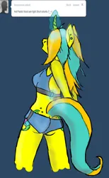 Size: 790x1280 | Tagged: safe, artist:dreamsdoodles, derpibooru import, oc, oc:dream baker, unofficial characters only, anthro, pony, unicorn, ask, ass, butt, clothes, daisy dukes, ear piercing, female, female oc, glow, glowing horn, horn, image, jpeg, piercing, rear view, shorts, simple background, solo, solo female, tanktop, tumblr, unicorn oc