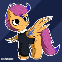 Size: 4096x4096 | Tagged: safe, artist:bitelstar, scootaloo, pegasus, pony, clothes, eyebrows, female, filly, image, png, scott pilgrim, shirt, simple background, smiling, solo, spread wings, sweater, tail, wings