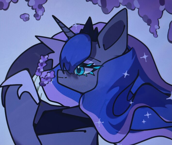 Size: 2501x2115 | Tagged: safe, artist:mugitya012, derpibooru import, princess luna, alicorn, pony, blue eyelashes, colored eyelashes, cyan eyelashes, ethereal mane, eye clipping through hair, eyeshadow, female, flower, hoof hold, hoof shoes, image, jewelry, jpeg, lavender, lidded eyes, looking at something, makeup, mare, peytral, solo, sparkly mane, tiara