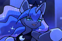 Size: 1992x1303 | Tagged: safe, artist:mugitya012, derpibooru import, princess luna, alicorn, pony, ambiguous facial structure, blue background, blue eyelashes, colored eyelashes, cute, cute little fangs, cyan eyelashes, ethereal mane, eye clipping through hair, eyeshadow, fangs, female, hoof shoes, image, jewelry, jpeg, makeup, mare, open mouth, open smile, peytral, simple background, smiling, solo, sparkly mane, tiara