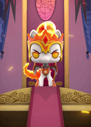 Size: 1200x1680 | Tagged: safe, derpibooru import, official, daybreaker, alicorn, pony, animated, blast, canterlot castle, crown, evil, evil laugh, female, flying, funko, funko pop!, g4, image, jewelry, laughing, magic, magic blast, mane of fire, mare, nft, no sound, regalia, throne room, toy, webm