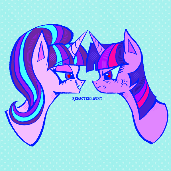 Size: 2000x2000 | Tagged: safe, artist:redactedhaunt, derpibooru import, starlight glimmer, twilight sparkle, pony, unicorn, alternate universe, duo, female, horn, image, lesbian, png, ship:twistarlight, shipping, unicorn twilight