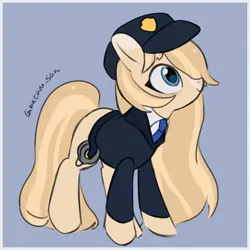 Size: 4096x4096 | Tagged: safe, artist:metaruscarlet, derpibooru import, oc, oc:alice aimoto, unofficial characters only, earth pony, pony, blue background, clothes, earth pony oc, hat, image, manacles, necktie, passepartout, png, police, police hat, police pony, police uniform, simple background, solo