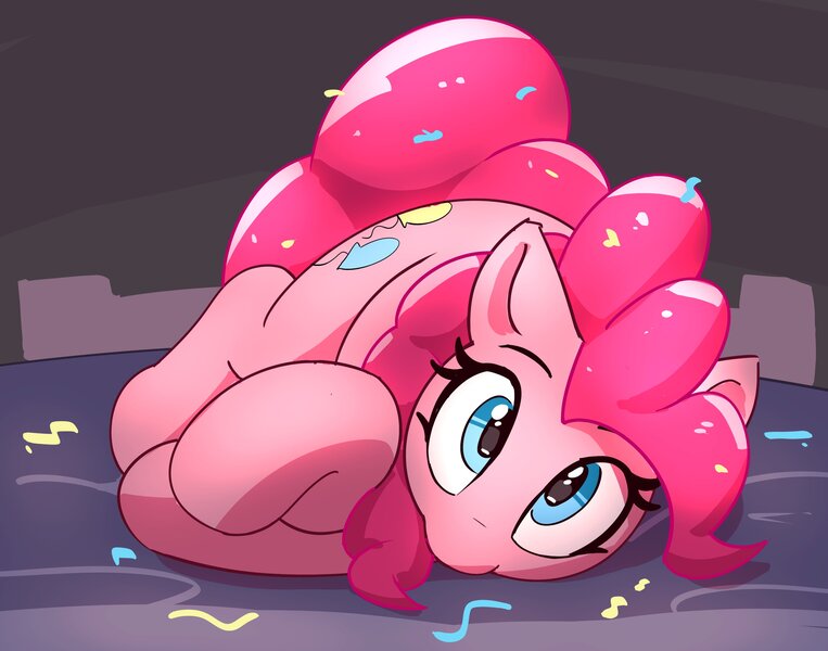 Size: 3404x2678 | Tagged: safe, artist:pabbley, derpibooru import, pinkie pie, earth pony, pony, bed, confetti, female, g4, image, jpeg, looking at you, lying down, solo