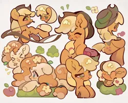 Size: 2048x1654 | Tagged: safe, artist:yanyannonoz, derpibooru import, applejack, pear butter, earth pony, pony, ><, apple, applejack's hat, blushing, bush, cowboy hat, emanata, eyes closed, female, filly, filly applejack, flower, flower in hair, food, g4, hat, image, lasso, lidded eyes, looking at you, lying down, mare, mouth hold, multeity, one eye closed, open mouth, open smile, png, prone, rope, simple background, sitting, smiling, smiling at you, white background, wink, winking at you, younger