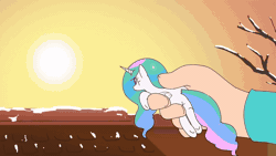 Size: 800x450 | Tagged: safe, artist:doublewbrothers, derpibooru import, edit, princess celestia, alicorn, pony, animated, duo, female, gif, hand, horn, image, in goliath's palm, light, my tiny pony, pointing, raising the sun, roof, size difference, sun, tiny, tiny ponies, tree