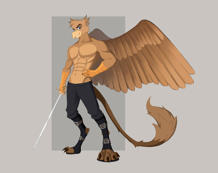 Size: 4400x3500 | Tagged: suggestive, artist:ilizumi, derpibooru import, oc, oc:grover vi, anthro, digitigrade anthro, gryphon, equestria at war mod, anthro oc, athletic, clothes, edging those eaw moderators, emperor, image, jpeg, kaiser, male, muscles, muscular male, partial nudity, solo, solo male, sword, tail, talons, topless, weapon, wings
