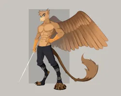 Size: 4400x3500 | Tagged: suggestive, artist:ilizumi, derpibooru import, oc, oc:grover vi, anthro, digitigrade anthro, gryphon, equestria at war mod, anthro oc, athletic, clothes, edging those eaw moderators, emperor, image, jpeg, kaiser, male, muscles, muscular male, nudity, partial nudity, side muscle focus, slight change, slight muscle change, solo, solo male, sword, tail, talons, topless, weapon, wings