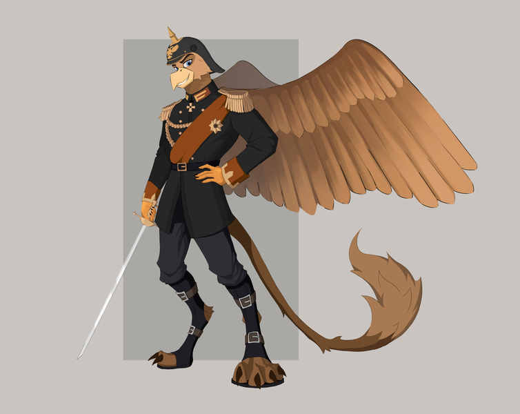 Size: 4400x3500 | Tagged: safe, artist:ilizumi, derpibooru import, oc, oc:grover vi, anthro, digitigrade anthro, gryphon, equestria at war mod, anthro oc, clothes, emperor, helmet, image, jpeg, kaiser, male, medals, military, military uniform, solo, sword, tail, talons, uniform, weapon, wings