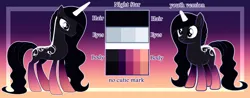 Size: 8120x3192 | Tagged: safe, artist:missmoonlightangel, derpibooru import, oc, oc:night star, unofficial characters only, pony, unicorn, abstract background, blue eyes, body markings, closed mouth, coat markings, color palette, colored horn, dorsal stripe, eyeshadow, female, gradient background, gradient legs, horn, image, lidded eyes, makeup, mare, physique difference, png, reference sheet, slender, smiling, solo, standing, tall, thin