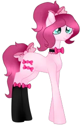 Size: 865x1339 | Tagged: safe, artist:missmoonlightangel, derpibooru import, oc, oc:pink candy, earth pony, pony, bow, choker, clothes, female, image, long legs, mare, png, simple background, socks, solo, tail, tail bow, transparent background