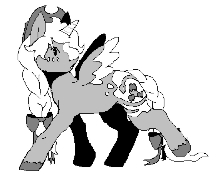 Size: 820x690 | Tagged: safe, artist:beluvbug, derpibooru import, applejack, alicorn, pony, alicornified, alternate cutie mark, applecorn, black and white, blushing, braid, braided tail, cowboy hat, digital art, g4, grayscale, hat, horn, image, monochrome, ms paint, png, race swap, redesign, simple background, spotted, stetson, strut, tail, two toned coat, unshorn fetlocks, walking, white background