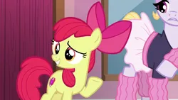 Size: 1280x720 | Tagged: safe, derpibooru import, screencap, apple bloom, hoofer steps, earth pony, pony, on your marks, apple bloom's bow, bow, clothes, duo, eyeshadow, female, filly, foal, g4, grin, hair bow, hoof warmers, image, lidded eyes, looking at someone, makeup, mare, png, raised hoof, smiling, tutu, waving