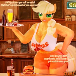 Size: 4000x4000 | Tagged: suggestive, artist:trailssfm, derpibooru import, applejack, anthro, 3d, alcohol, bar, big breasts, boob freckles, breasts, burger, busty applejack, cheeseburger, chest freckles, cleavage, clothes, dialogue, drink, female, flirting, food, freckles, hamburger, hips, hooters, huge breasts, image, looking at you, muscles, muscular female, png, shorts, smiling, smiling at you, solo, solo female, tanktop, thighs, thunder thighs