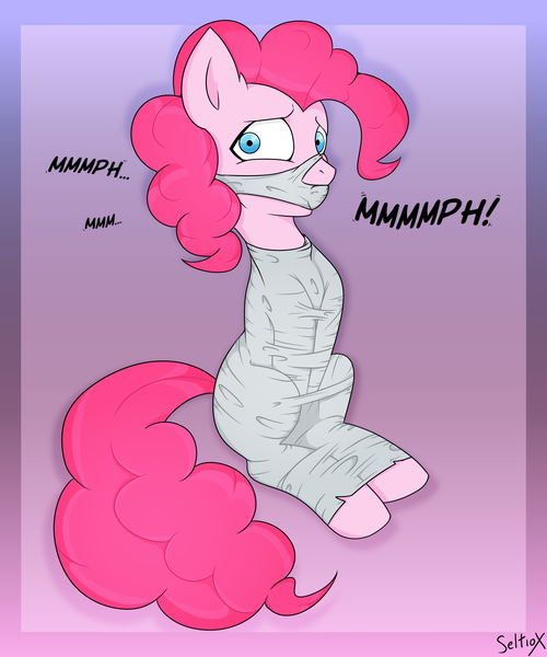 Size: 1500x1800 | Tagged: safe, artist:seltiox, derpibooru import, pinkie pie, earth pony, pony, bondage, bound and gagged, captured, caught, cocoon, digital art, encasement, female, g4, gag, gradient background, image, mummification, mummified, peril, png, restrained, simple background, solo, spider web, web gag, wrapped up, wrapping