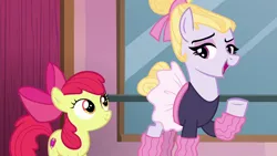 Size: 1280x720 | Tagged: safe, derpibooru import, screencap, apple bloom, hoofer steps, earth pony, pony, on your marks, apple bloom's bow, ballet, bow, clothes, eyeshadow, female, filly, foal, g4, hair bow, hoof warmers, image, looking at each other, looking at someone, makeup, mare, open mouth, open smile, png, raised hoof, smiling, smiling at each other, tutu
