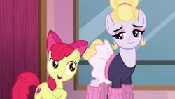Size: 1280x720 | Tagged: safe, derpibooru import, edit, edited screencap, screencap, apple bloom, hoofer steps, earth pony, pony, on your marks, apple bloom's bow, ballet, bow, clothes, cute, duo, eyeshadow, female, filly, foal, g4, hair bow, hoof on chest, hoof warmers, image, lidded eyes, looking at each other, looking at someone, makeup, mare, open mouth, open smile, png, smiling, smiling at each other, tutu