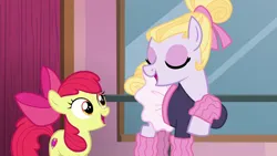 Size: 1280x720 | Tagged: safe, derpibooru import, edit, edited screencap, screencap, apple bloom, hoofer steps, earth pony, pony, on your marks, apple bloom's bow, ballet, bow, clothes, cute, duo, eyes closed, eyeshadow, female, filly, foal, g4, hair bow, hoof warmers, image, makeup, mare, open mouth, open smile, png, smiling, tutu