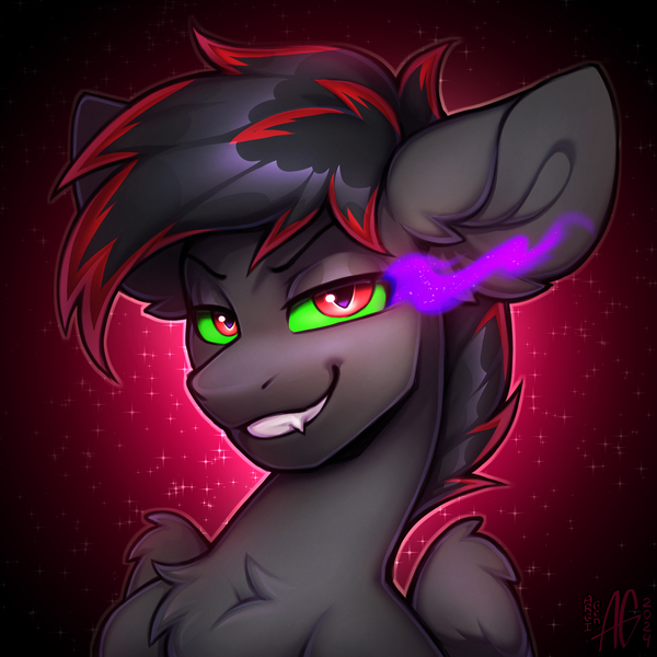 Size: 2500x2500 | Tagged: safe, artist:argigen, derpibooru import, oc, oc:brimstone, unofficial characters only, pegasus, bust, chest fluff, ear fluff, image, png, portrait, smiling, solo, sombra eyes, wings