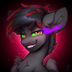Size: 2500x2500 | Tagged: safe, artist:argigen, derpibooru import, oc, oc:brimstone, unofficial characters only, pegasus, bust, chest fluff, ear fluff, image, png, portrait, smiling, solo, sombra eyes, wings