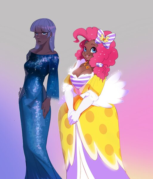 Size: 1791x2093 | Tagged: safe, artist:aztrial, derpibooru import, maud pie, pinkie pie, human, alternate hairstyle, bow, breasts, busty pinkie pie, chubby, clothes, cute, dark skin, diapinkes, dress, duo, duo female, ear piercing, earring, evening gloves, female, gloves, grin, hair bow, humanized, image, jewelry, jpeg, long gloves, piercing, siblings, sisters, smiling