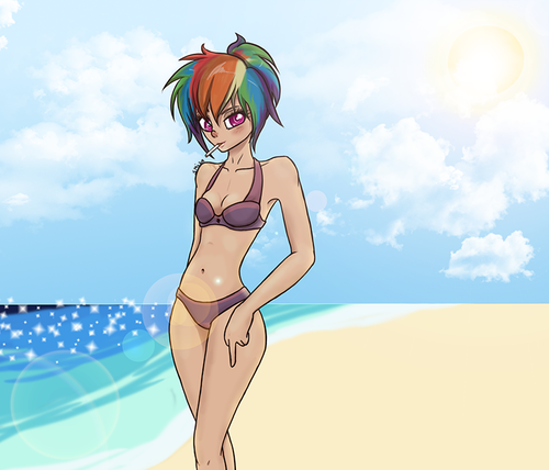 Size: 500x428 | Tagged: artist needed, safe, derpibooru import, rainbow dash, human, beach, bikini, candy, clothes, female, food, humanized, image, lens flare, lollipop, ocean, png, solo, sun, swimsuit, water