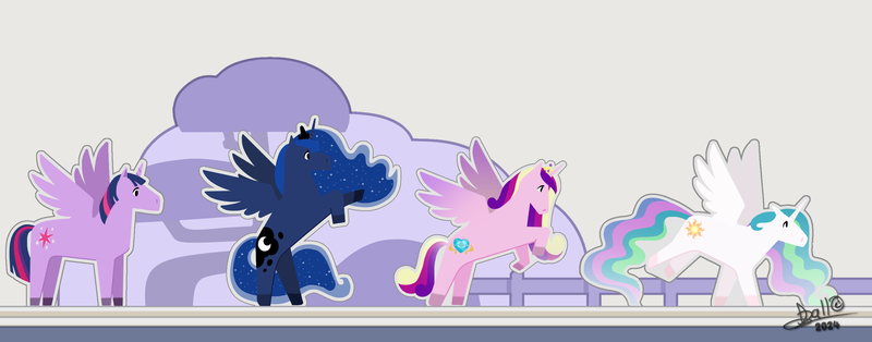 Size: 2750x1080 | Tagged: safe, artist:tidmouthmilk12, derpibooru import, edit, edited screencap, screencap, princess cadance, princess celestia, princess luna, twilight sparkle, twilight sparkle (alicorn), alicorn, pony, bluey, ethereal mane, fence, g4, galloping, image, jewelry, png, pop-up book, rearing, signature, spread wings, standing, standing on two hooves, starry mane, tiara, tree, wings