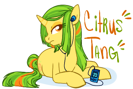 Size: 445x300 | Tagged: safe, artist:clovercoin, derpibooru import, oc, oc:citrus tang, unofficial characters only, pony, unicorn, earbuds, female, horn, image, lidded eyes, lying down, mare, music player, orange eyes, png, prone, simple background, solo, text, turned head, unicorn oc, white background