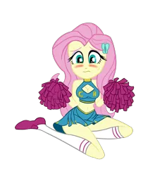 Size: 2223x2349 | Tagged: suggestive, alternate version, artist:calmbreezes, derpibooru import, fluttershy, human, equestria girls, blushing, boob window, cheerleader, cheerleader outfit, clothes, embarrassed, g4, image, png, pom pom, simple background, skirt, solo, transparent background