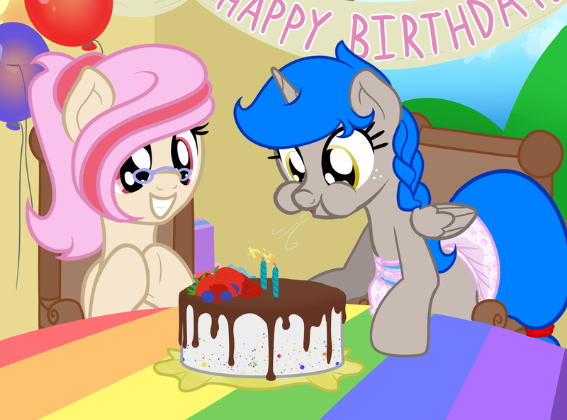 Size: 1774x1316 | Tagged: safe, artist:nitei, derpibooru import, oc, oc:sprite, oc:understudy, unofficial characters only, alicorn, alicorn oc, birthday, cake, candle, diaper, diaper fetish, fetish, food, glasses, horn, image, non-baby in diaper, png, show accurate, wings