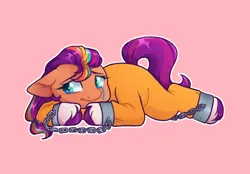Size: 1170x813 | Tagged: source needed, useless source url, safe, artist:cappugchino, derpibooru import, sunny starscout, g5, clothes, commissioner:rainbowdash69, cuffed, cuffs, image, mane stripe sunny, never doubt rainbowdash69's involvement, png, prison outfit, prisoner, prisoner ss, shackles