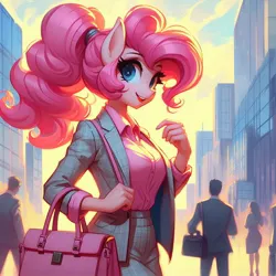 Size: 1024x1024 | Tagged: safe, ai content, derpibooru import, machine learning generated, pinkie pie, anthro, adorasexy, bag, beautiful, big breasts, breasts, business suit, businessmare, busty pinkie pie, button-up shirt, city, clothes, cute, female, g4, handbag, image, jpeg, looking at you, office lady, prompter:horselover fat, sexy, shirt, smiling, smiling at you, walking