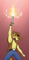 Size: 900x1849 | Tagged: safe, artist:moonatik, derpibooru import, braeburn, anthro, earth pony, abs, abstract background, belt buckle, braeburn's hat, clothes, cowboy hat, denim, eye clipping through hair, eyes closed, gun, handgun, hat, image, jeans, male, muscles, muscular male, open mouth, open smile, pants, png, revolver, shooting, smiling, smoke, solo, vest, weapon, yeehaw