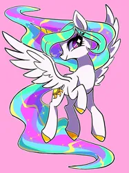 Size: 1199x1599 | Tagged: safe, artist:stacy_165cut, derpibooru import, princess celestia, alicorn, pony, colored hooves, colored horn, ethereal mane, ethereal tail, female, flying, g4, gold hooves, hooves, horn, image, mare, pink background, png, simple background, solo, sparkly eyes, sparkly mane, sparkly tail, spread wings, tail, wingding eyes, wings