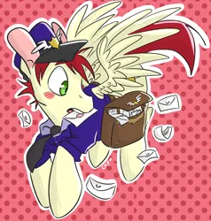 Size: 1558x1634 | Tagged: safe, artist:cleppyclep, derpibooru import, care package, special delivery, pegasus, pony, bag, blushing, hat, image, letter, mailbag, mailpony, mailpony uniform, male, mouth hold, png, polka dot background, stallion