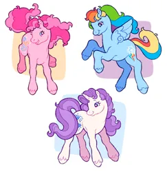 Size: 1988x2048 | Tagged: safe, artist:cocopudu, derpibooru import, pinkie pie, rainbow dash, rarity, earth pony, pegasus, pony, unicorn, g2, female, g4, g4 to g2, generation leap, horn, image, mare, png, simple background, smiling, starry eyes, trio, trio female, white background, wingding eyes