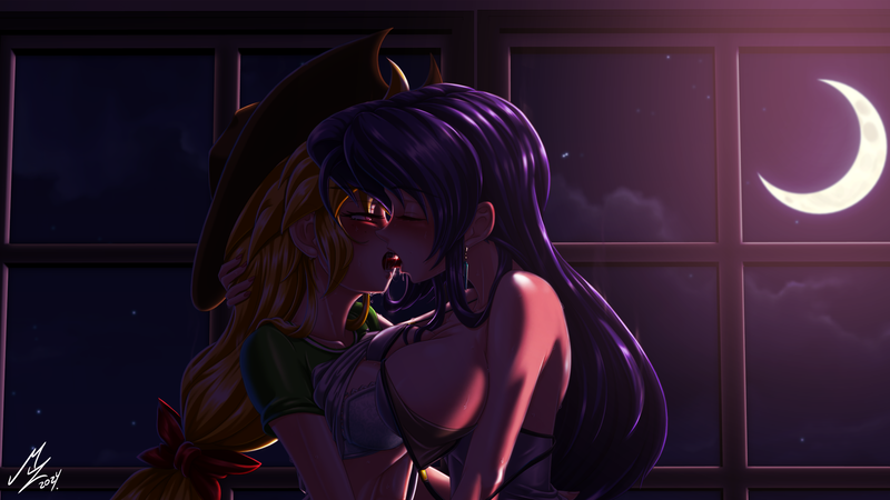 Size: 2590x1456 | Tagged: suggestive, artist:mauroz, derpibooru import, applejack, rarity, human, anime, blushing, bra, breasts, clothes, commission, drool, drool string, eyes closed, female, french kiss, g4, humanized, image, kissing, lesbian, moon, open mouth, png, rarijack, shipping, shirt, shirt lift, sweat, symmetrical docking, underwear