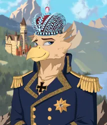 Size: 3000x3500 | Tagged: safe, artist:ilizumi, derpibooru import, oc, oc:grover vi, anthro, digitigrade anthro, gryphon, equestria at war mod, anthro oc, athletic, background, bust, castle, chest, clothes, crown, day, early 20s, emperor, forest, image, iron cross medal, jewelry, jpeg, kaiser, lake, medals, mountain, mountain range, muscles, my take, nature, necklace, order of the black griffon medal, portrait, regalia, royal uniform, royalty, solo, tree, water