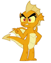 Size: 775x950 | Tagged: safe, artist:queencold, derpibooru import, oc, oc:caldera, unofficial characters only, dragon, colored sclera, dragoness, female, frown, furrowed brow, image, png, pointing, simple background, solo, transparent background, yellow sclera, younger