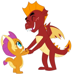 Size: 1000x1025 | Tagged: safe, artist:queencold, derpibooru import, garble, smolder, dragon, baby, baby dragon, brother and sister, cute, dragoness, duo, duo female, eyes closed, female, holding hands, image, male, png, siblings, simple background, smiling, transparent background, young garble, young smolder, younger