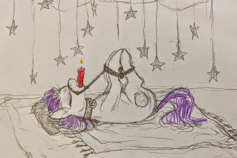 Size: 2048x1369 | Tagged: questionable, artist:honkinghighblood, derpibooru import, pony, bdsm, bondage, candle, collar, crayon drawing, eyes closed, female, hogtied, hooves tied, image, indoors, jpeg, mare, pencil drawing, solo, solo female, traditional art