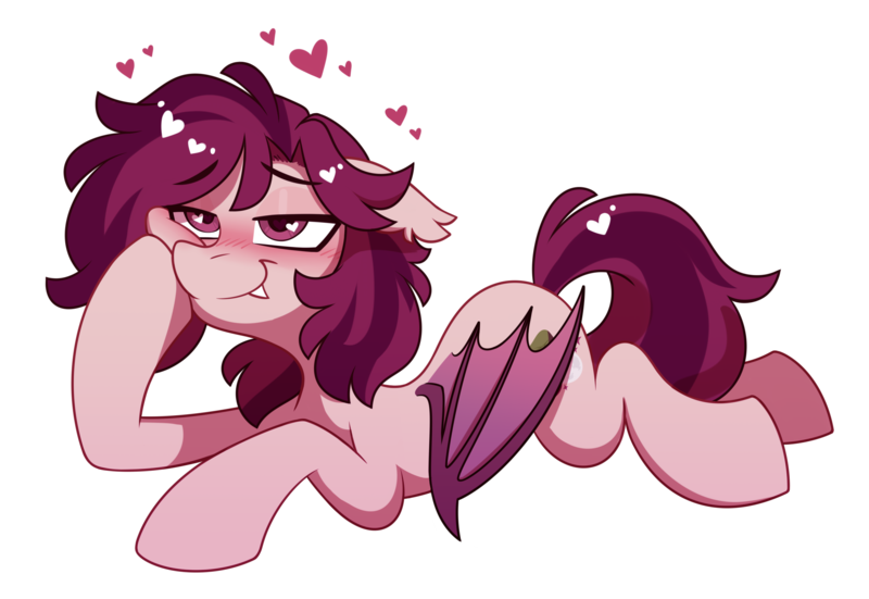 Size: 2250x1550 | Tagged: safe, artist:crimmharmony, derpibooru import, oc, oc:crimm harmony, bat pony, bat pony oc, bat wings, blushing, floppy ears, folded wings, heart, heart eyes, hoof on cheek, image, lying down, png, prone, simple background, smiling, solo, transparent background, wingding eyes, wings