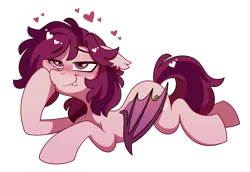 Size: 2250x1550 | Tagged: safe, artist:crimmharmony, derpibooru import, oc, oc:crimm harmony, bat pony, bat pony oc, bat wings, blushing, floppy ears, folded wings, heart, heart eyes, hoof on cheek, image, lying down, png, prone, simple background, smiling, solo, transparent background, wingding eyes, wings
