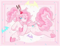 Size: 2485x1909 | Tagged: safe, artist:neapawlitan, derpibooru import, oc, oc:cakepop, bat pony, bat pony oc, bat wings, cherry, food, image, jpeg, not pinkie pie, pastel, pink pony, sweet pony, wings