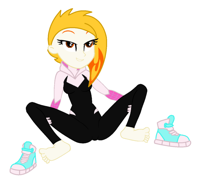 Size: 1137x1025 | Tagged: suggestive, artist:robertsonskywa1, derpibooru import, equestria girls, g5, my little pony: tell your tale, breasts, busty flare, clothes, equestria girls-ified, feet, female, flare (g5), g4, g5 to equestria girls, g5 to g4, generation leap, image, marvel, photo, png, shoes, simple background, sneakers, solo, solo female, spider-gwen, spider-man, spider-man: across the spider-verse, stupid sexy flare, transparent background