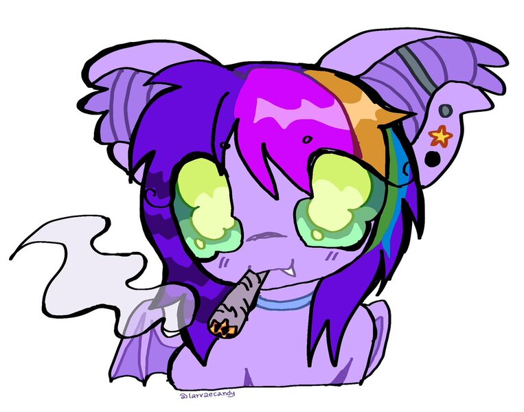 Size: 1199x943 | Tagged: safe, artist:larvaecandy, derpibooru import, oc, oc:lullaby, unofficial characters only, bat pony, pony, 4/20, :3, bat pony oc, bat wings, beanbrows, big ears, big eyes, blunt, blushing, bust, choker, colored eyebrows, colored pinnae, colored sclera, commission, cute, cute little fangs, drug use, drugs, dyed hair, dyed mane, ear fluff, ear piercing, ear tufts, eye clipping through hair, eyebrows, eyebrows visible through hair, fangs, female, gauges, green eyes, green sclera, image, industrial piercing, jpeg, looking at you, mare, marijuana, mouth hold, multicolored hair, multicolored mane, piercing, purple coat, purple mane, raccoon tail, rainbow hair, scene hair, signature, simple background, smiling, smiling at you, smoke, smoke cloud, smoking, white background, wings, ych result