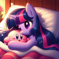 Size: 1024x1024 | Tagged: safe, ai content, derpibooru import, machine learning generated, prompter:gaminglover1992, twilight sparkle, unicorn, bed, crossover, cuddling, cuddling in bed, cute, g4, generator:bing image creator, generator:dall-e 3, heartwarming, horn, hug, image, jpeg, kirby, kirby (series), mama twilight, motherly, motherly love, nintendo, on bed, pillow, unicorn twilight, video game crossover, wholesome