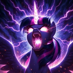 Size: 1024x1024 | Tagged: safe, ai content, derpibooru import, machine learning generated, prompter:doomguy397, twilight sparkle, twilight sparkle (alicorn), alicorn, pony, epic, female, g4, generator:dall-e 3, glow, glowing eyes, glowing horn, horn, image, jpeg, mare, screaming, solo, solo focus, spread wings, throat light, wings