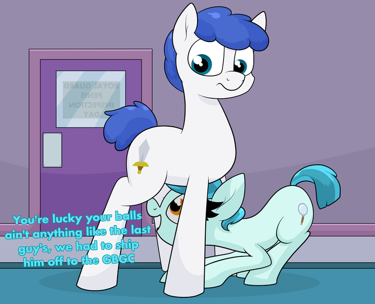 Size: 2689x2181 | Tagged: questionable, alternate version, artist:moonatik, earth pony, pony, art pack:fun size, confused, dialogue, door, female, image, male, mare, penis inspection day, png, royal guard, small penis humiliation, stallion